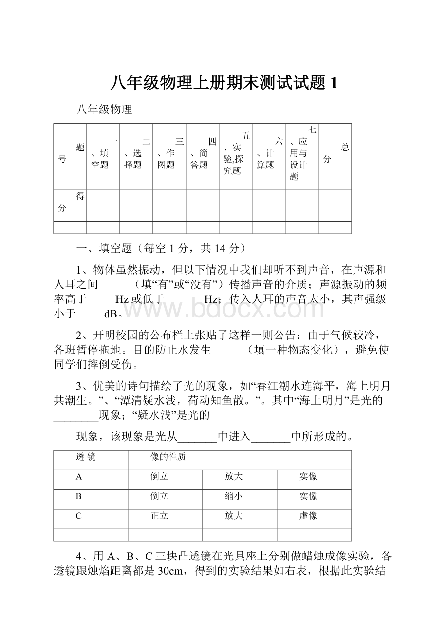 八年级物理上册期末测试试题1.docx