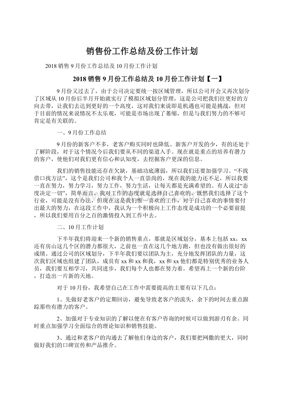 销售份工作总结及份工作计划.docx