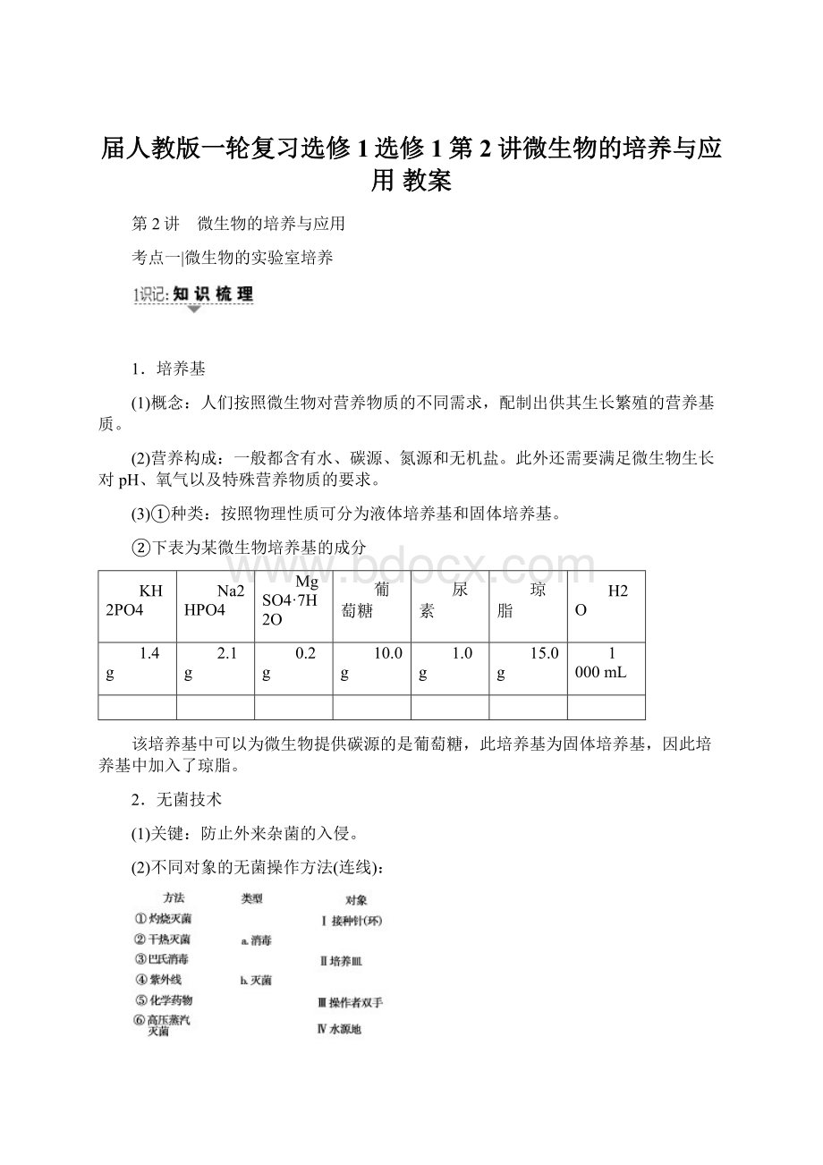 届人教版一轮复习选修1选修1第2讲微生物的培养与应用 教案.docx_第1页