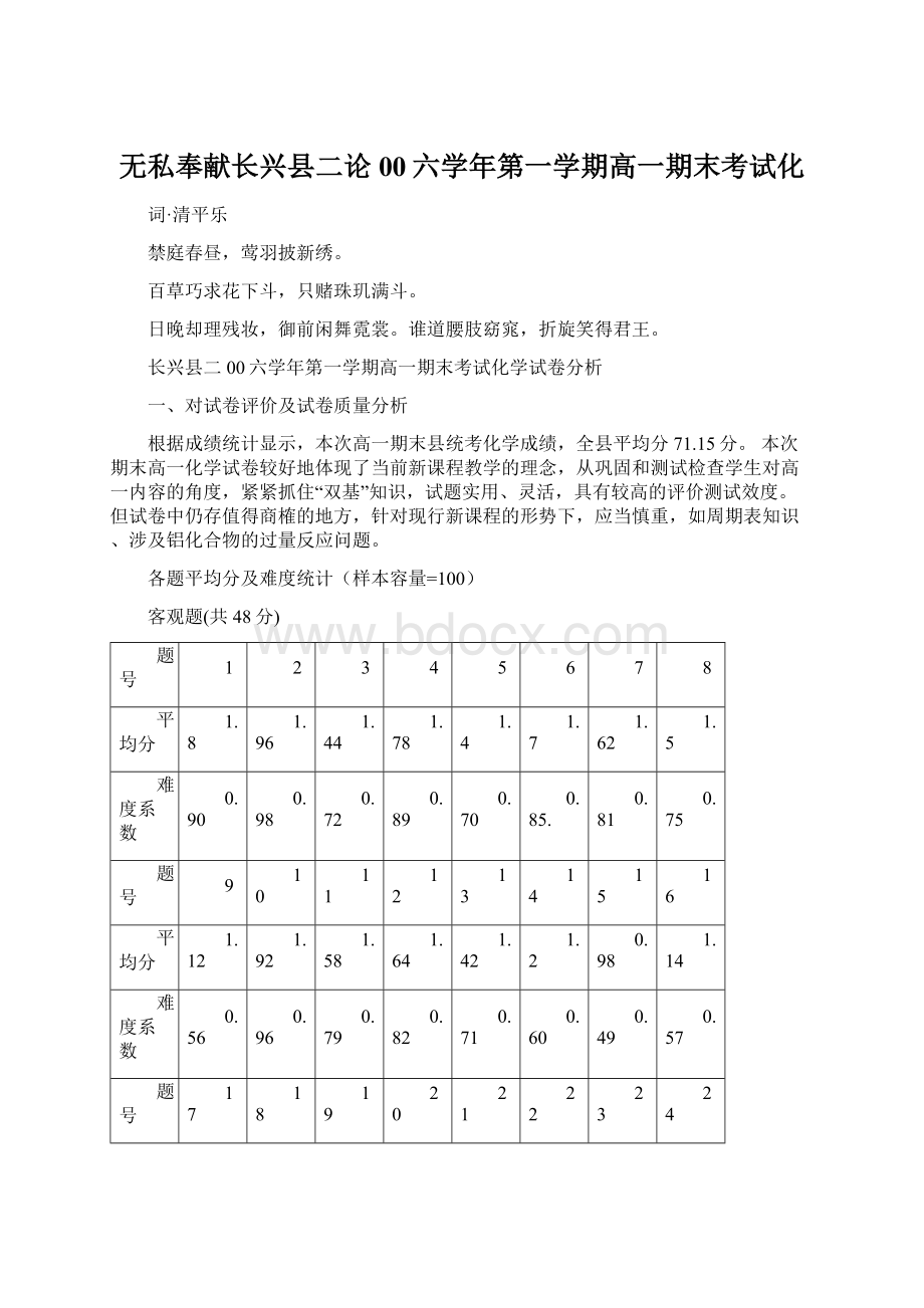 无私奉献长兴县二论00六学年第一学期高一期末考试化.docx