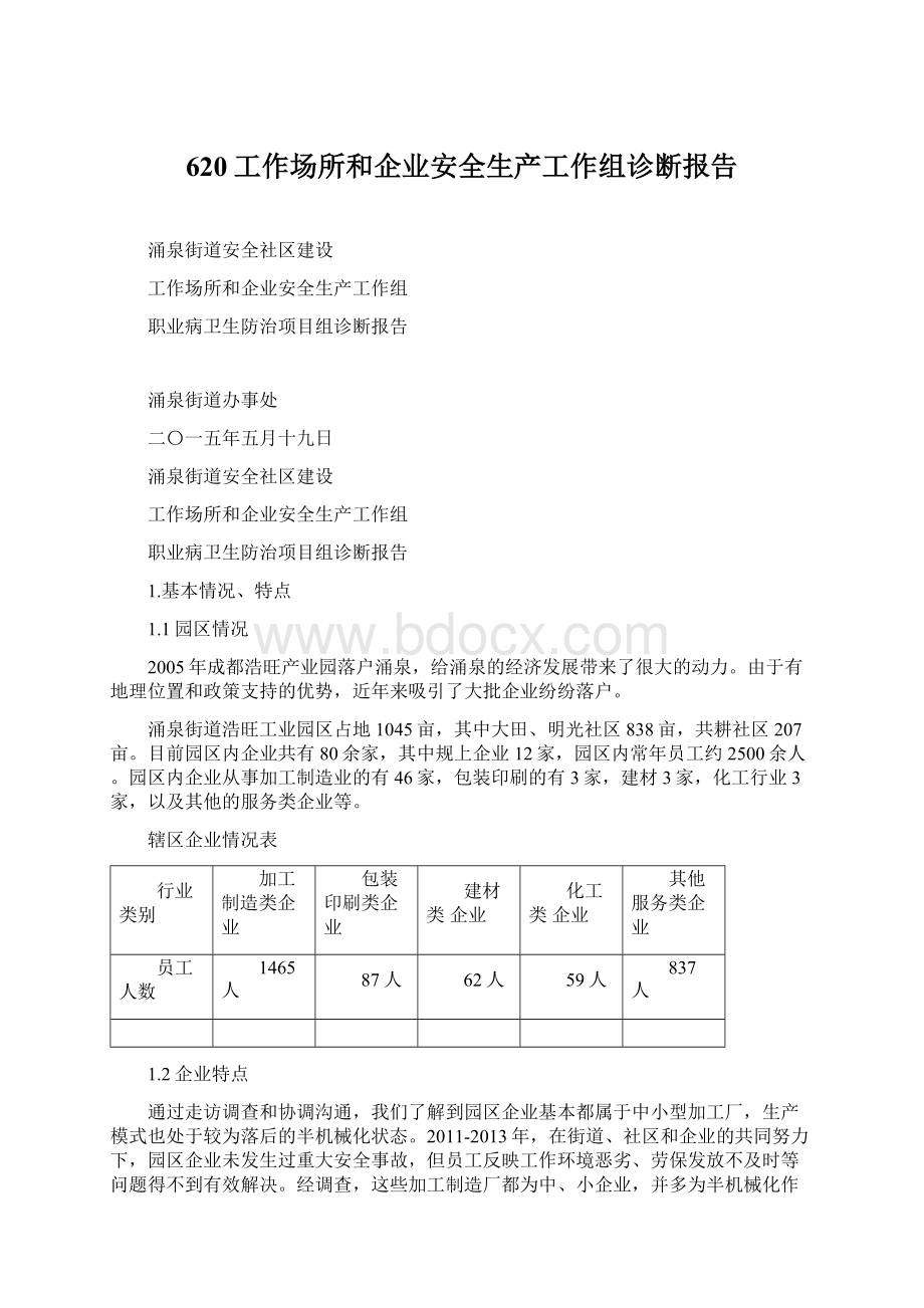 620工作场所和企业安全生产工作组诊断报告.docx_第1页