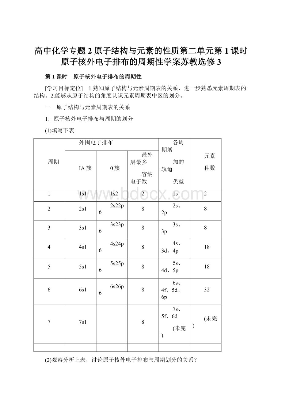 高中化学专题2原子结构与元素的性质第二单元第1课时原子核外电子排布的周期性学案苏教选修3.docx