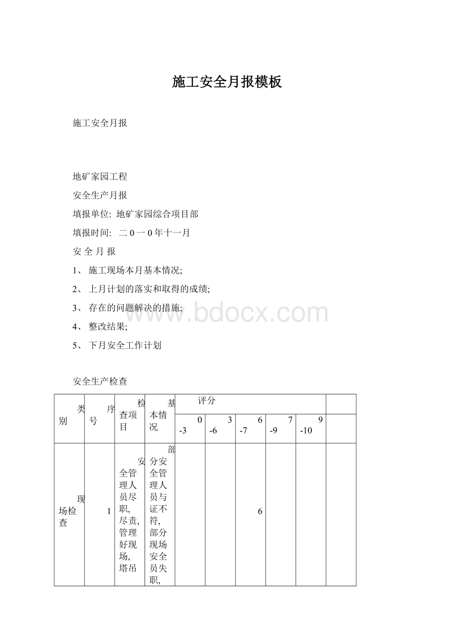 施工安全月报模板.docx_第1页