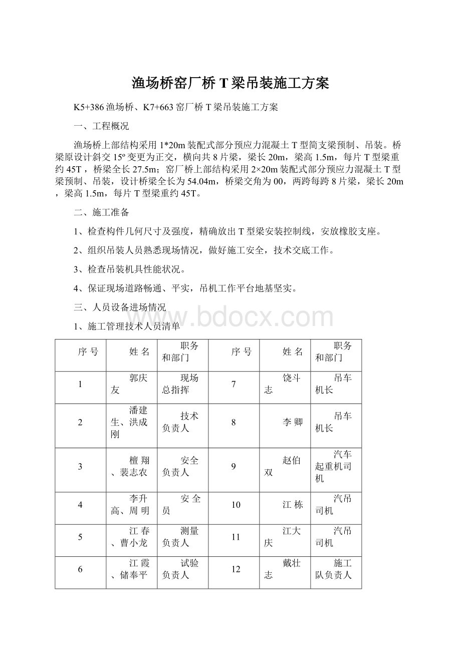 渔场桥窑厂桥T梁吊装施工方案.docx