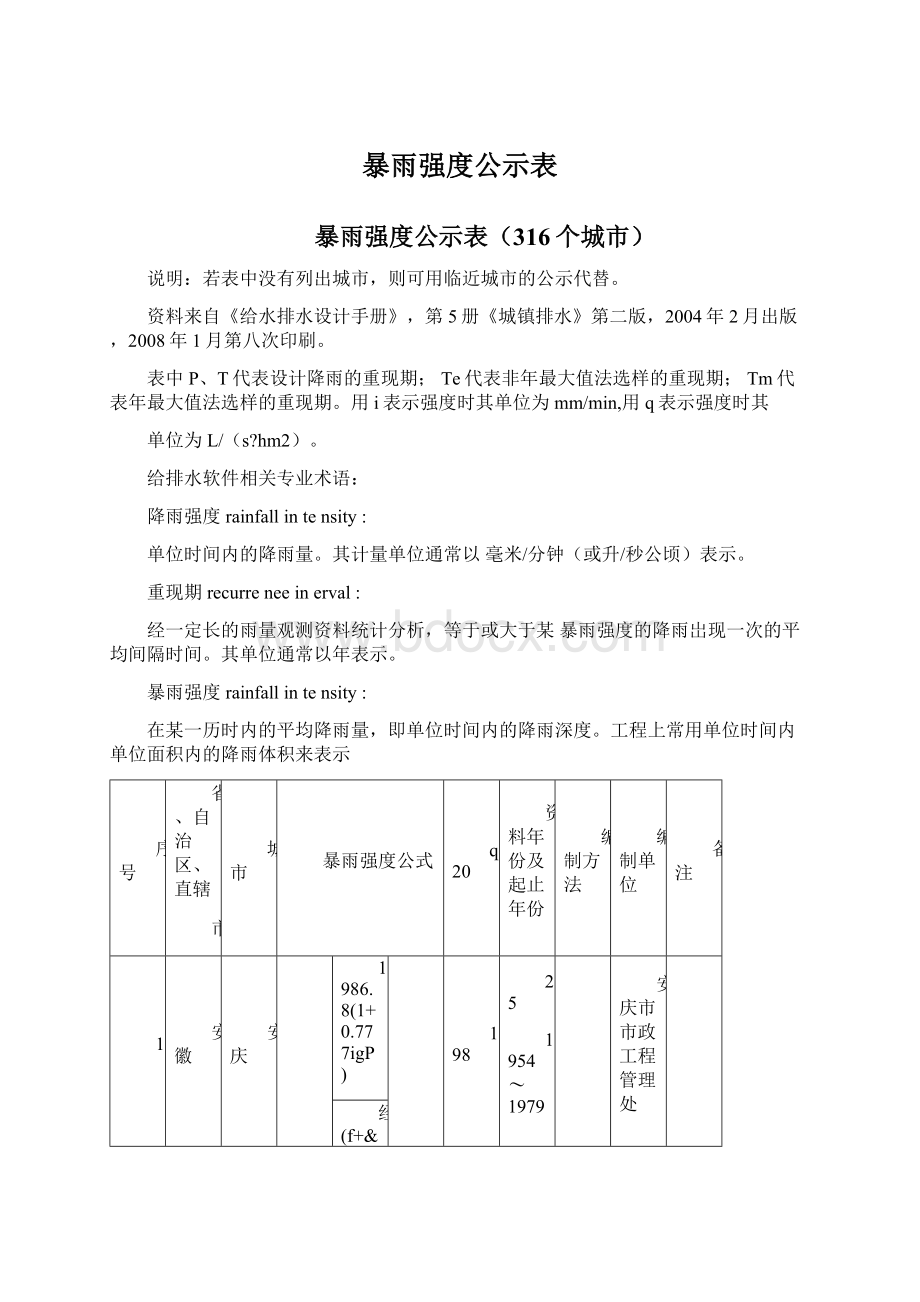 暴雨强度公示表.docx_第1页