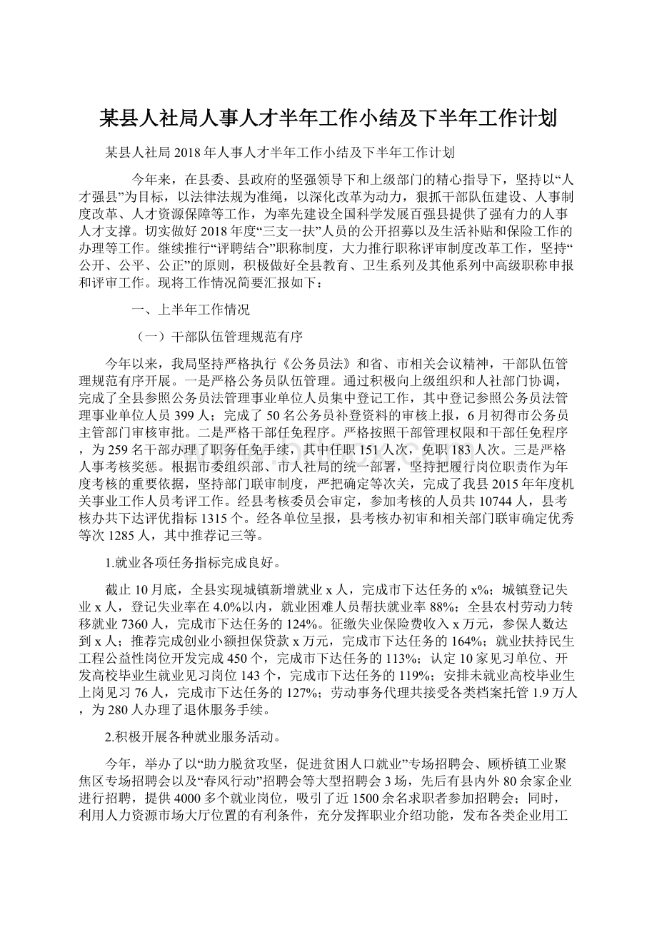 某县人社局人事人才半年工作小结及下半年工作计划.docx