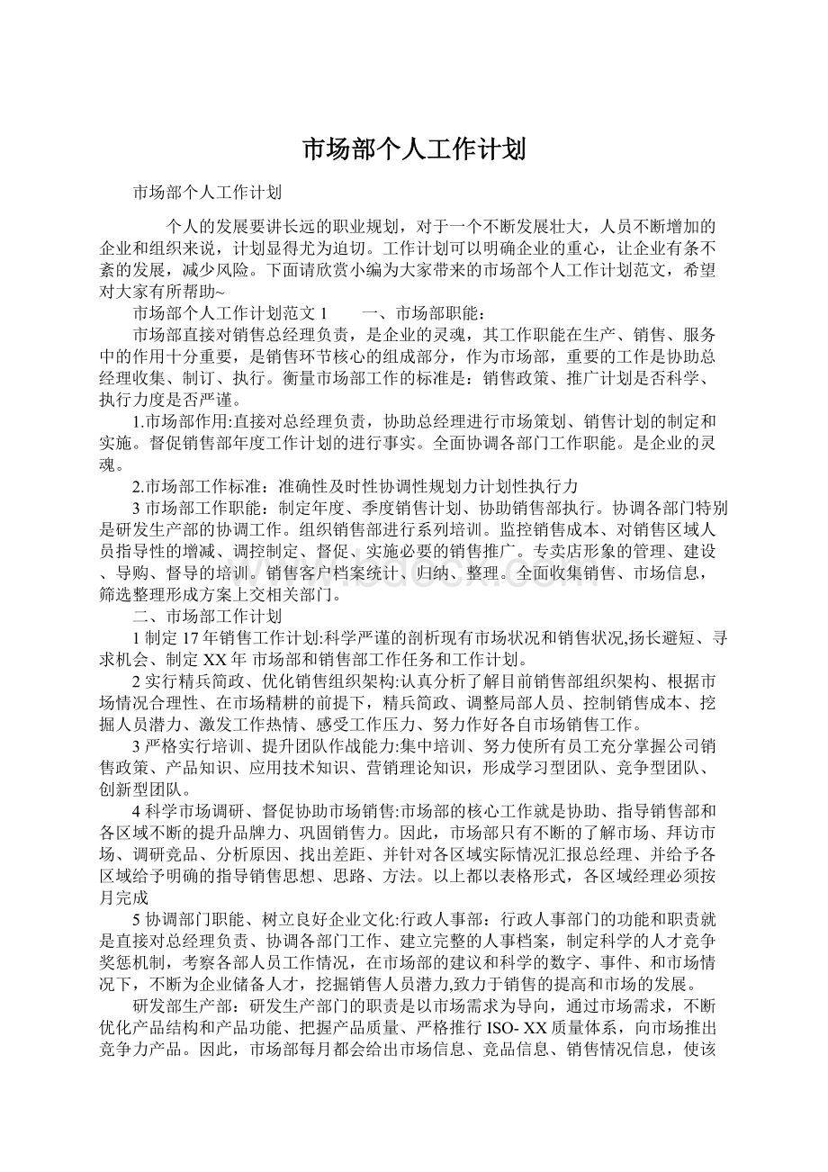 市场部个人工作计划.docx