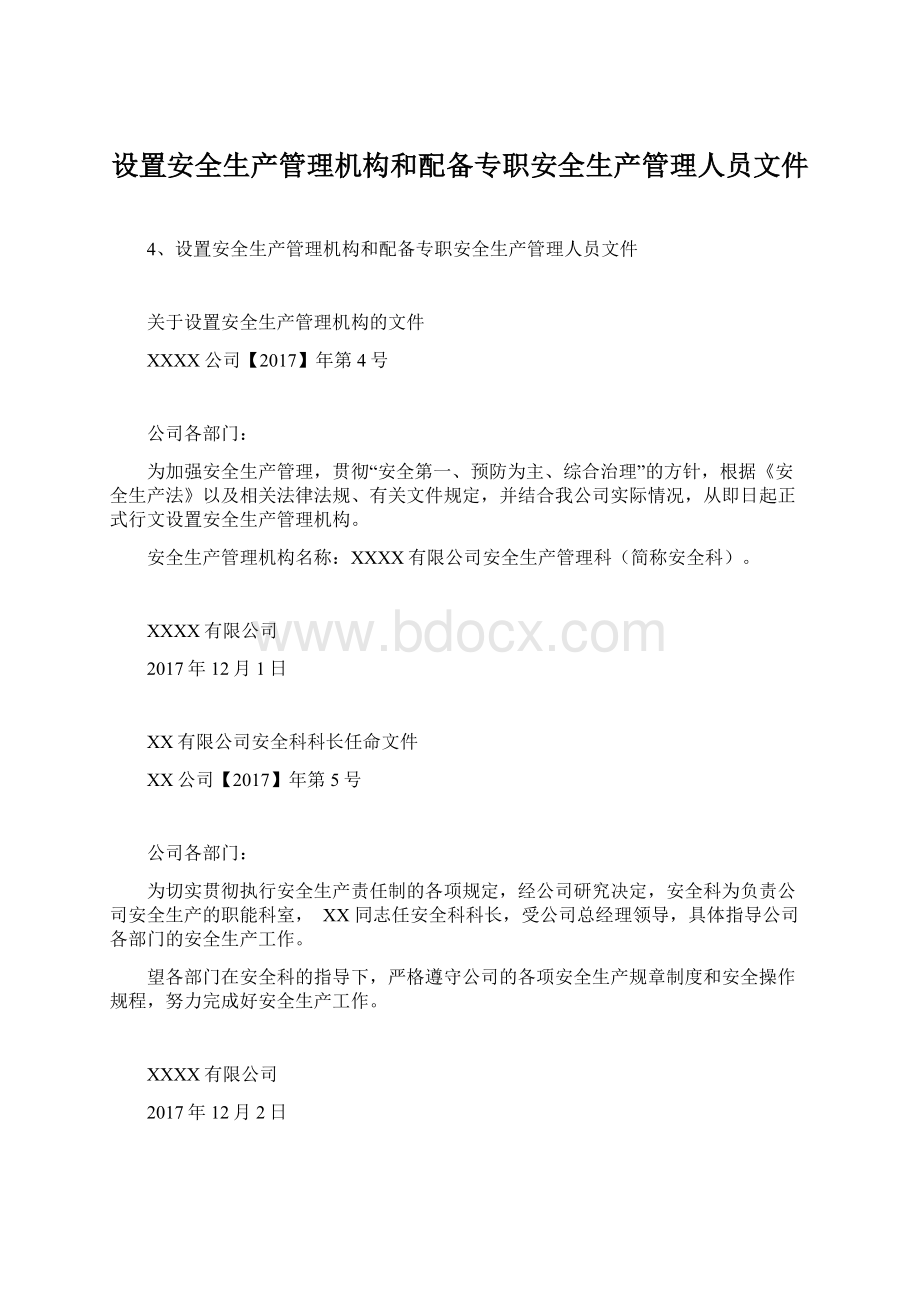 设置安全生产管理机构和配备专职安全生产管理人员文件.docx