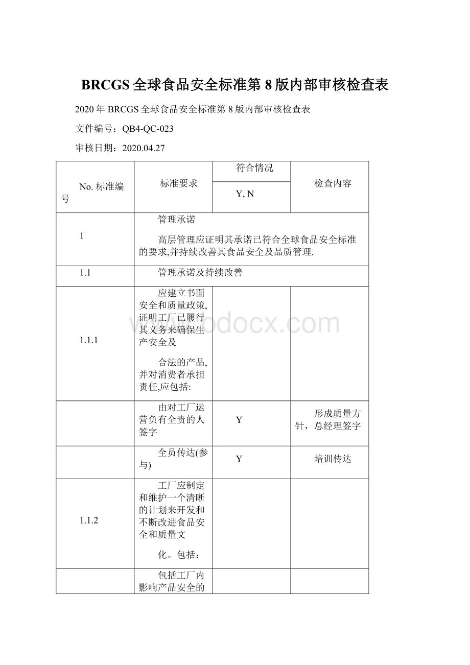 BRCGS全球食品安全标准第8版内部审核检查表.docx