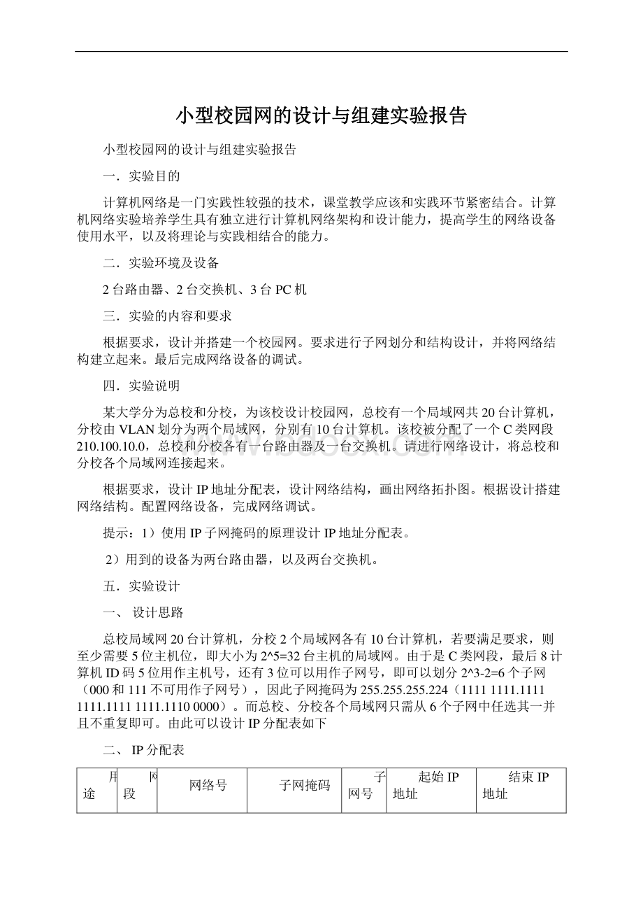 小型校园网的设计与组建实验报告.docx_第1页