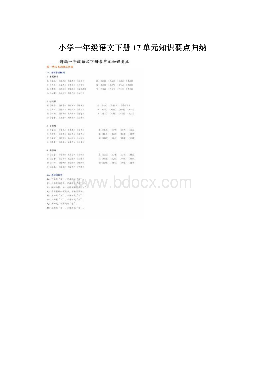 小学一年级语文下册17单元知识要点归纳.docx_第1页