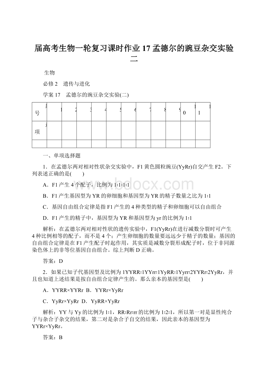 届高考生物一轮复习课时作业17孟德尔的豌豆杂交实验二.docx_第1页