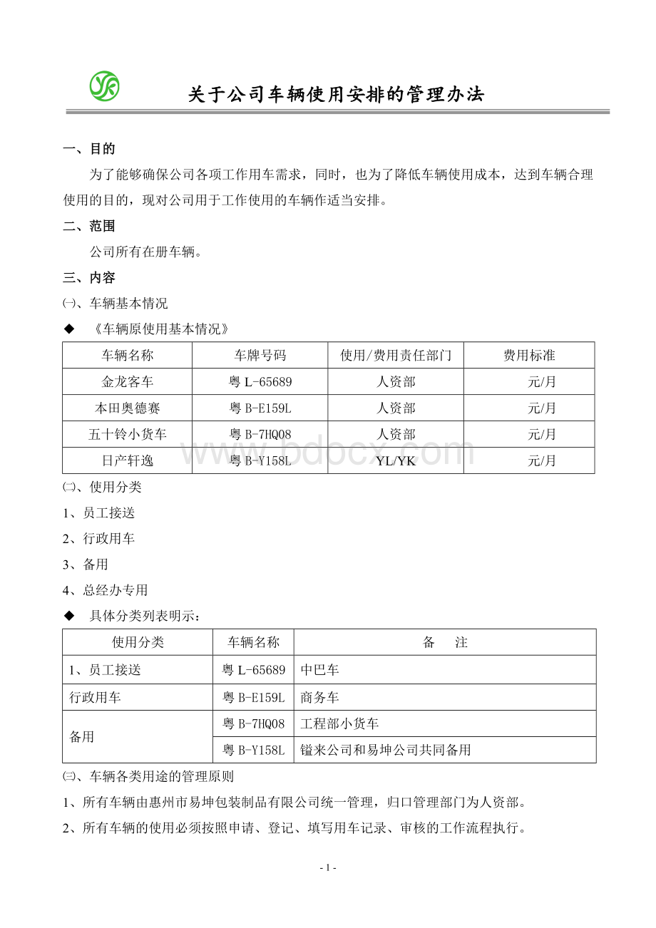 关于公司车辆使用安排的方案.doc