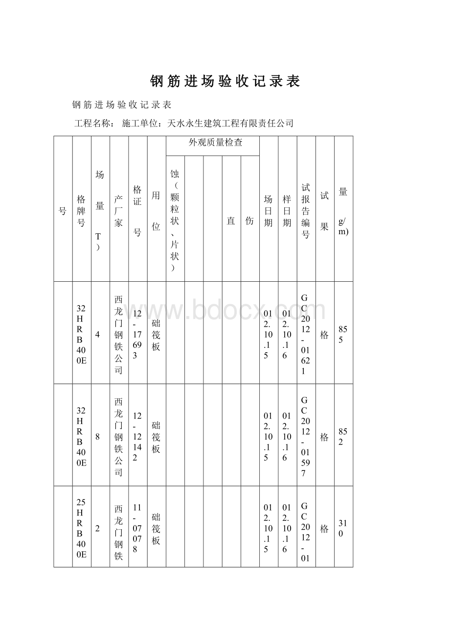 钢 筋 进 场 验 收 记 录 表.docx_第1页