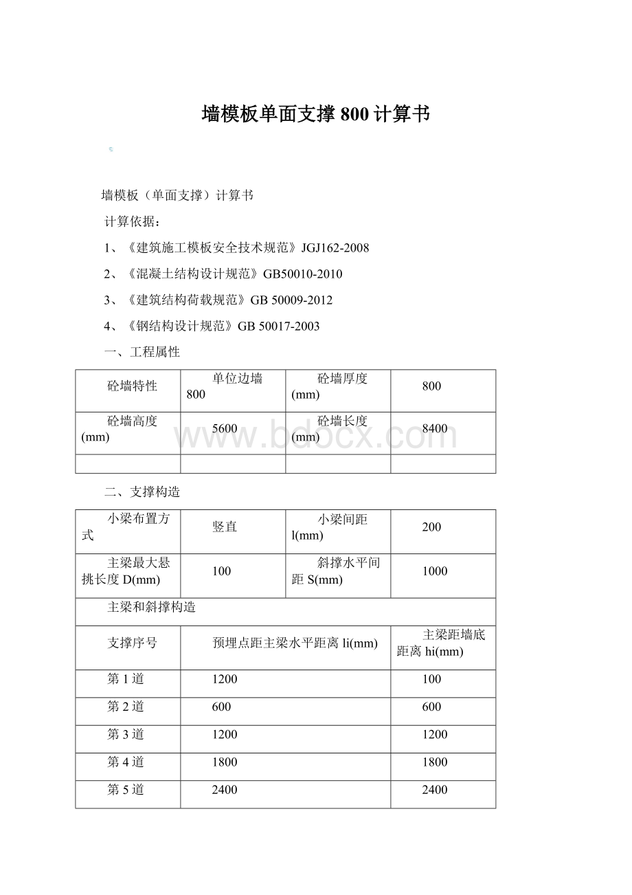 墙模板单面支撑800计算书.docx