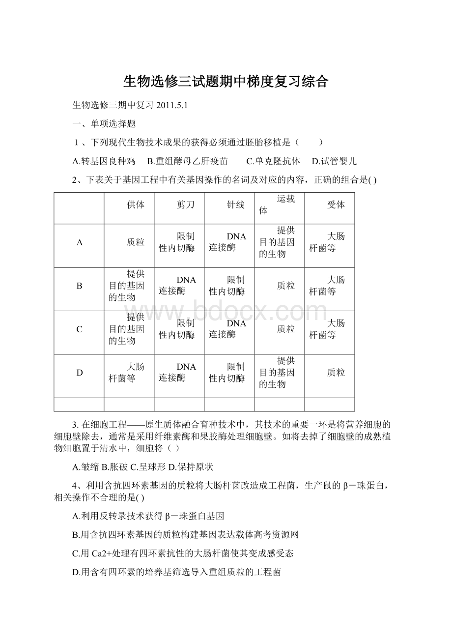 生物选修三试题期中梯度复习综合.docx_第1页