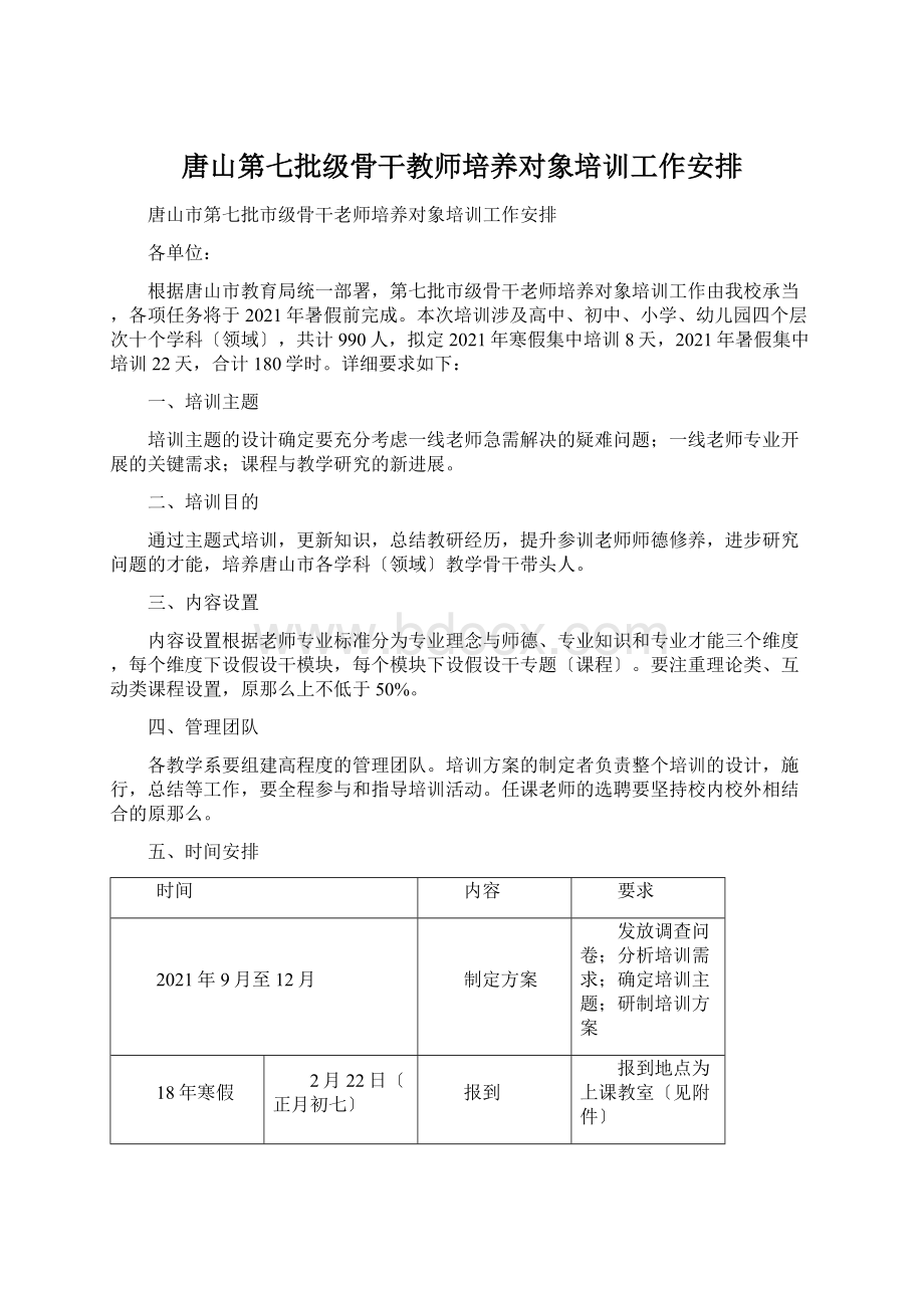 唐山第七批级骨干教师培养对象培训工作安排.docx_第1页