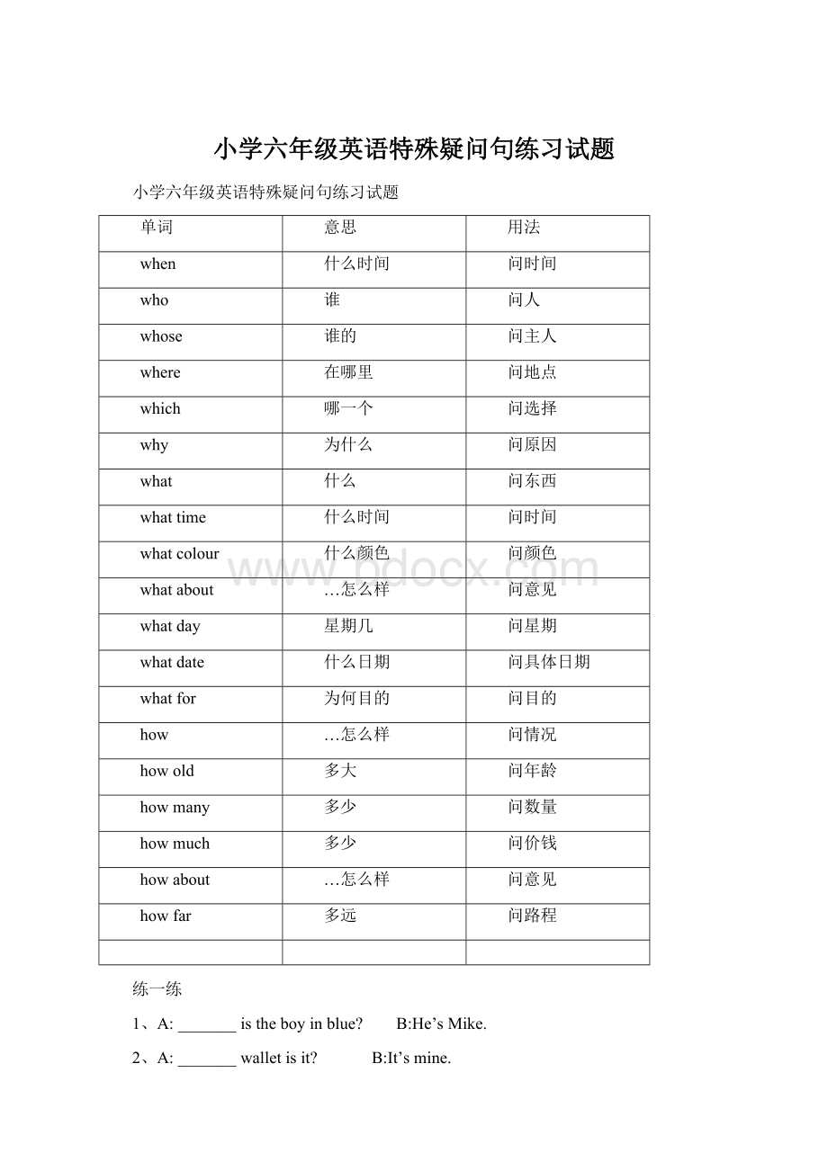 小学六年级英语特殊疑问句练习试题.docx_第1页