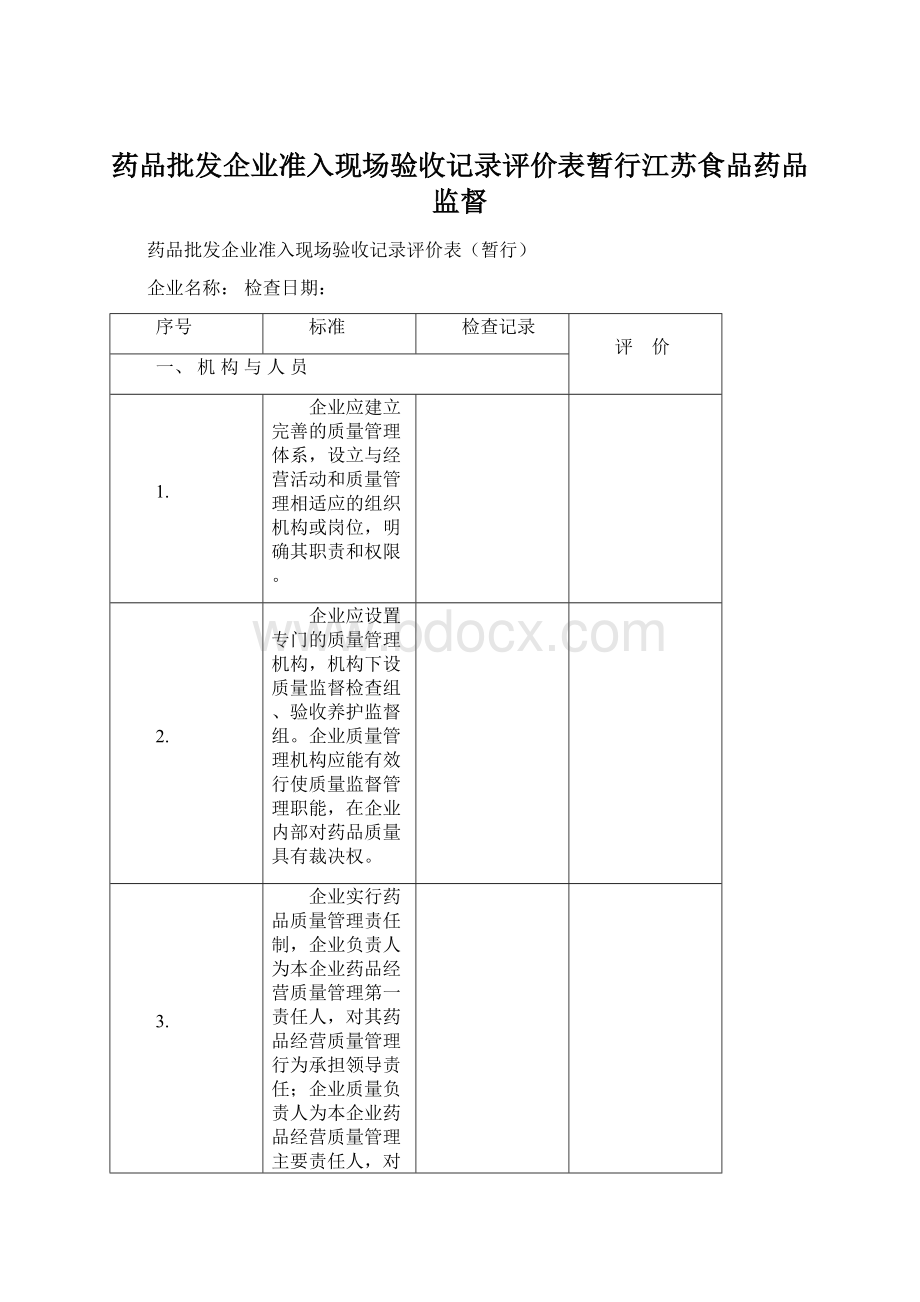 药品批发企业准入现场验收记录评价表暂行江苏食品药品监督.docx_第1页