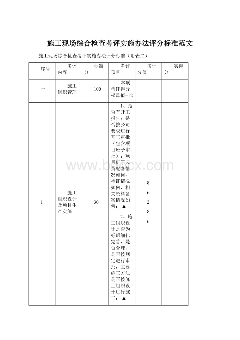 施工现场综合检查考评实施办法评分标准范文.docx_第1页