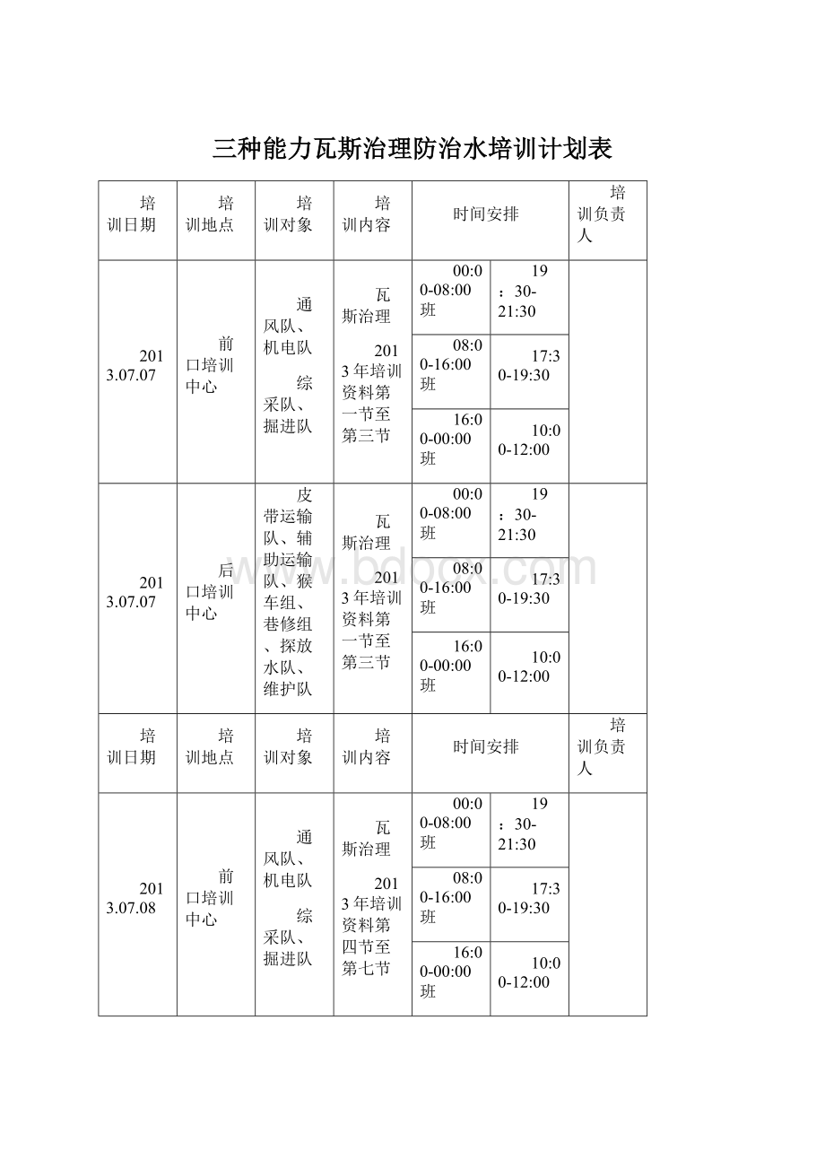 三种能力瓦斯治理防治水培训计划表.docx