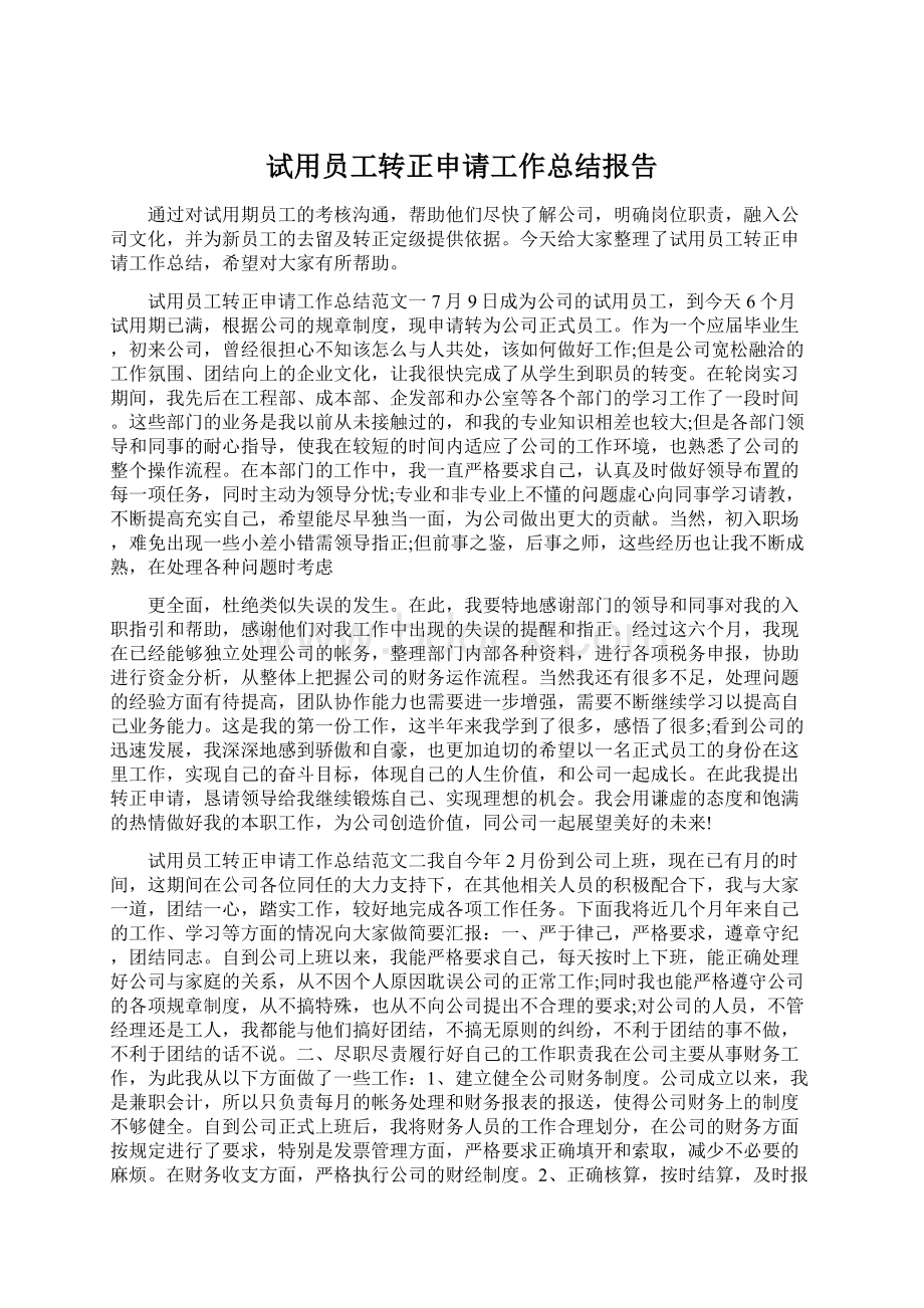 试用员工转正申请工作总结报告.docx_第1页