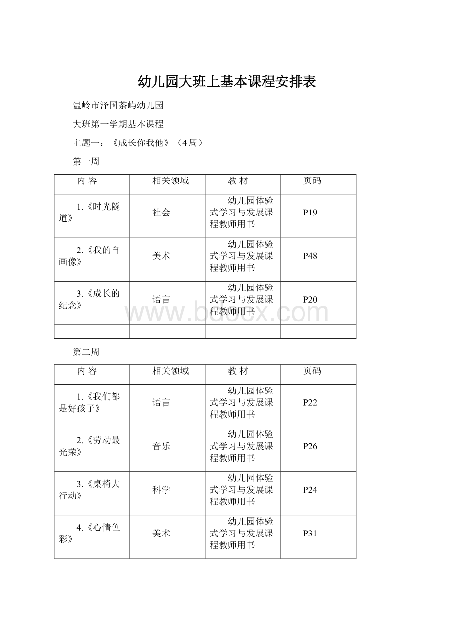 幼儿园大班上基本课程安排表.docx_第1页