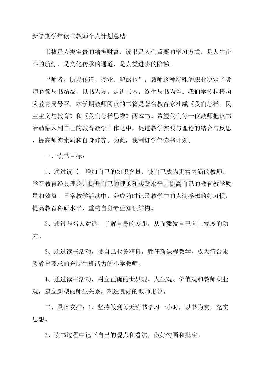 新学期学年读书教师个人计划总结.docx