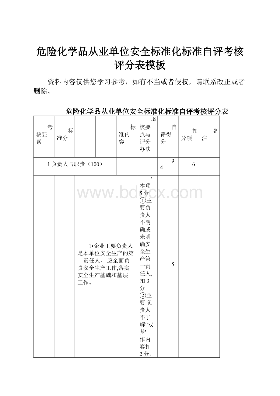 危险化学品从业单位安全标准化标准自评考核评分表模板.docx