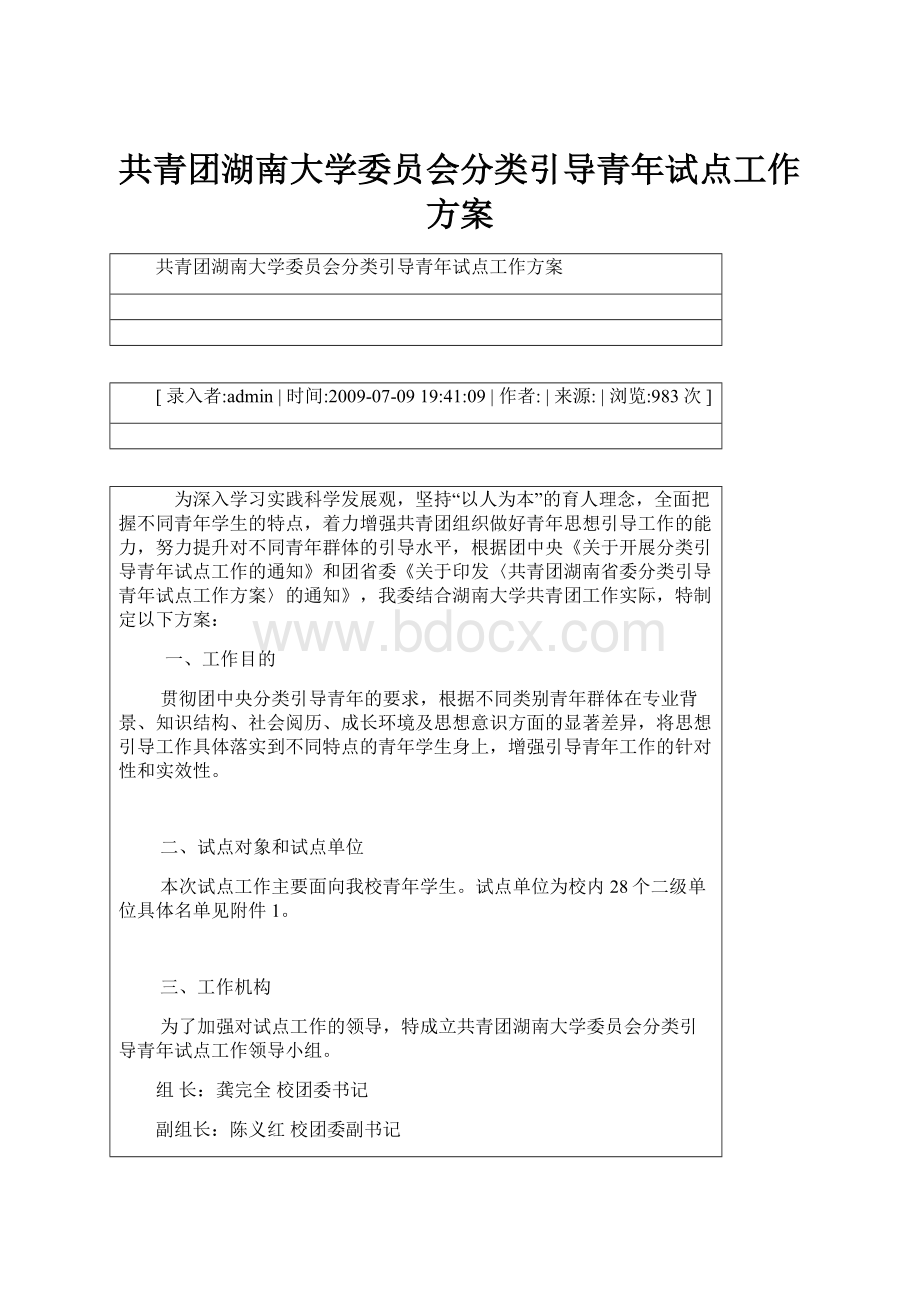 共青团湖南大学委员会分类引导青年试点工作方案.docx