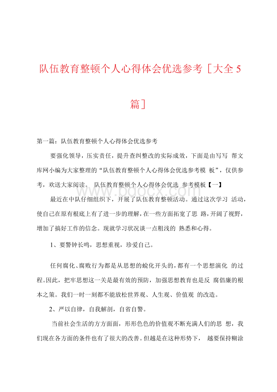 队伍教育整顿个人心得体会优选参考[大全5篇].docx