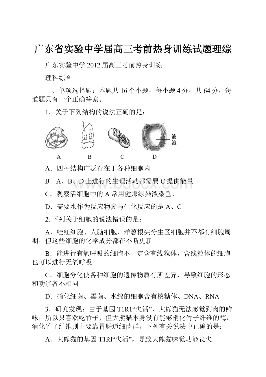 广东省实验中学届高三考前热身训练试题理综.docx