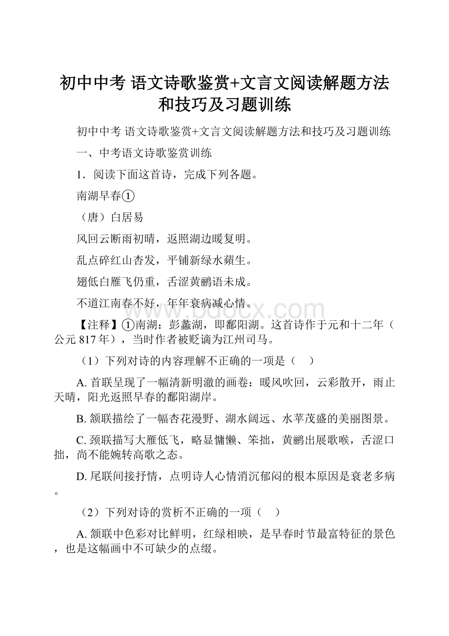 初中中考 语文诗歌鉴赏+文言文阅读解题方法和技巧及习题训练.docx_第1页