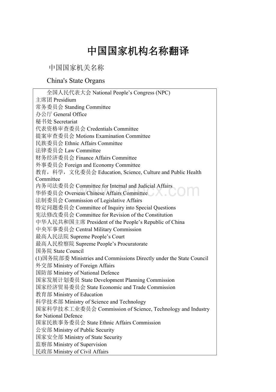 中国国家机构名称翻译.docx_第1页