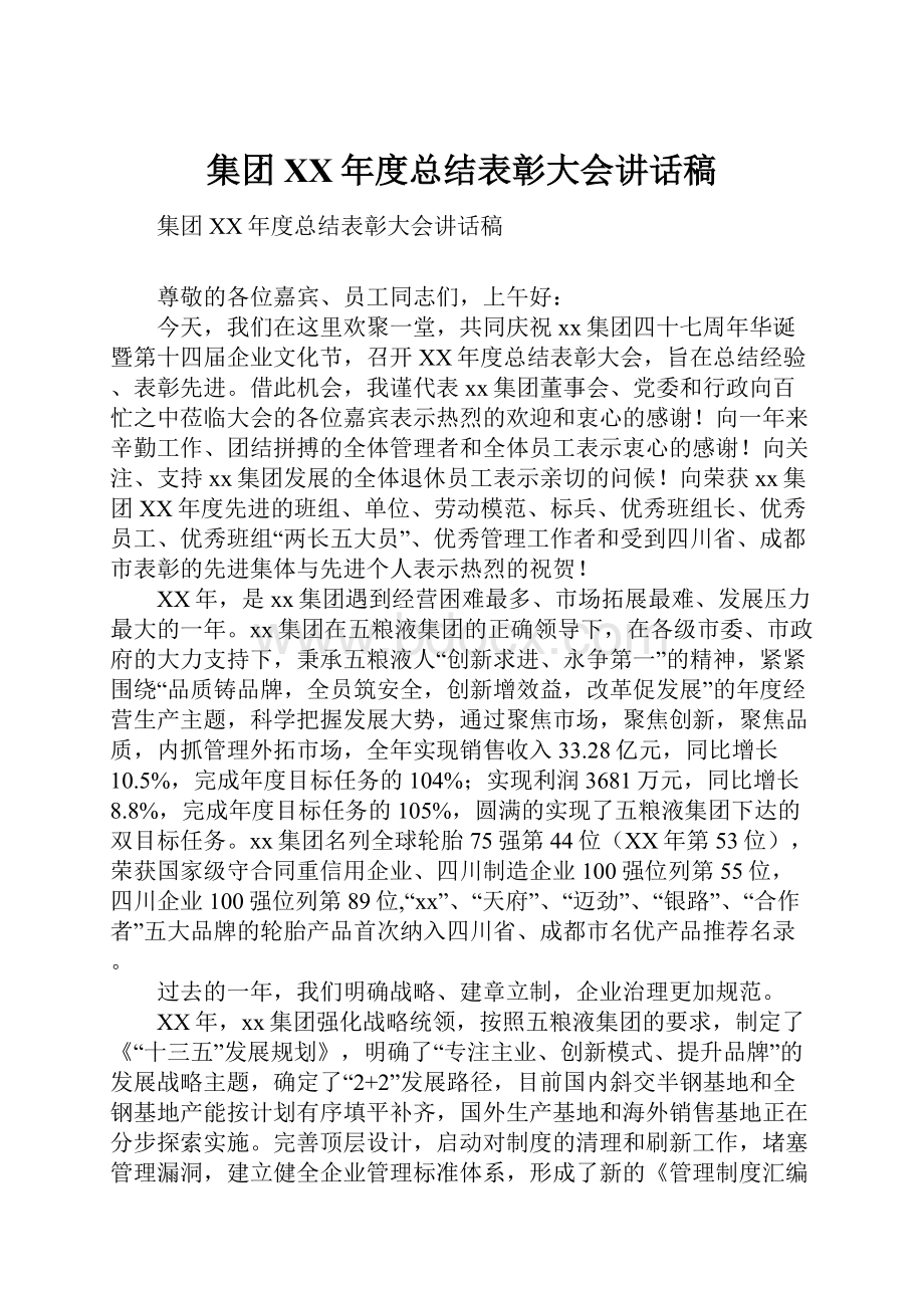 集团XX年度总结表彰大会讲话稿.docx_第1页