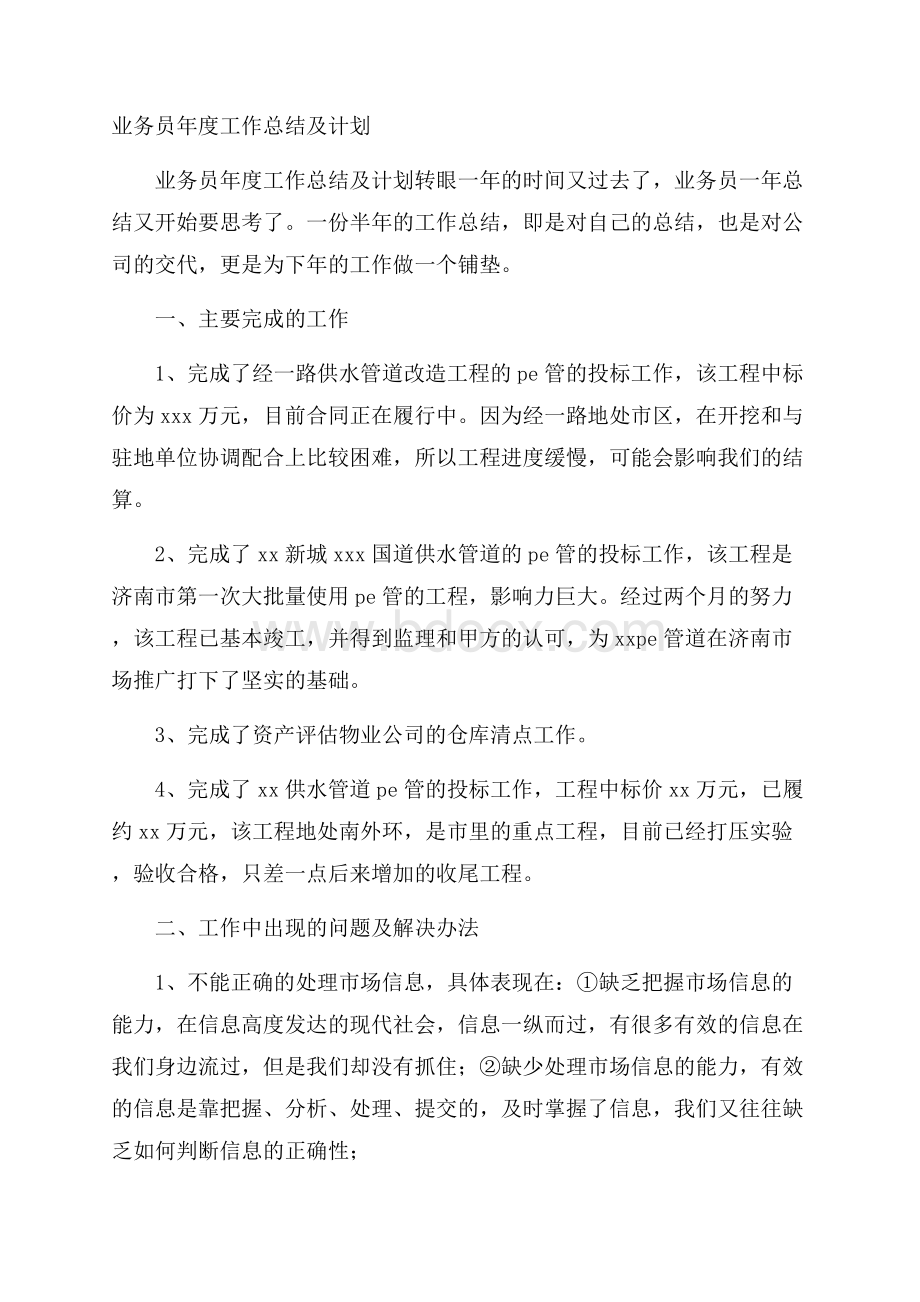 业务员年度工作总结及计划.docx_第1页