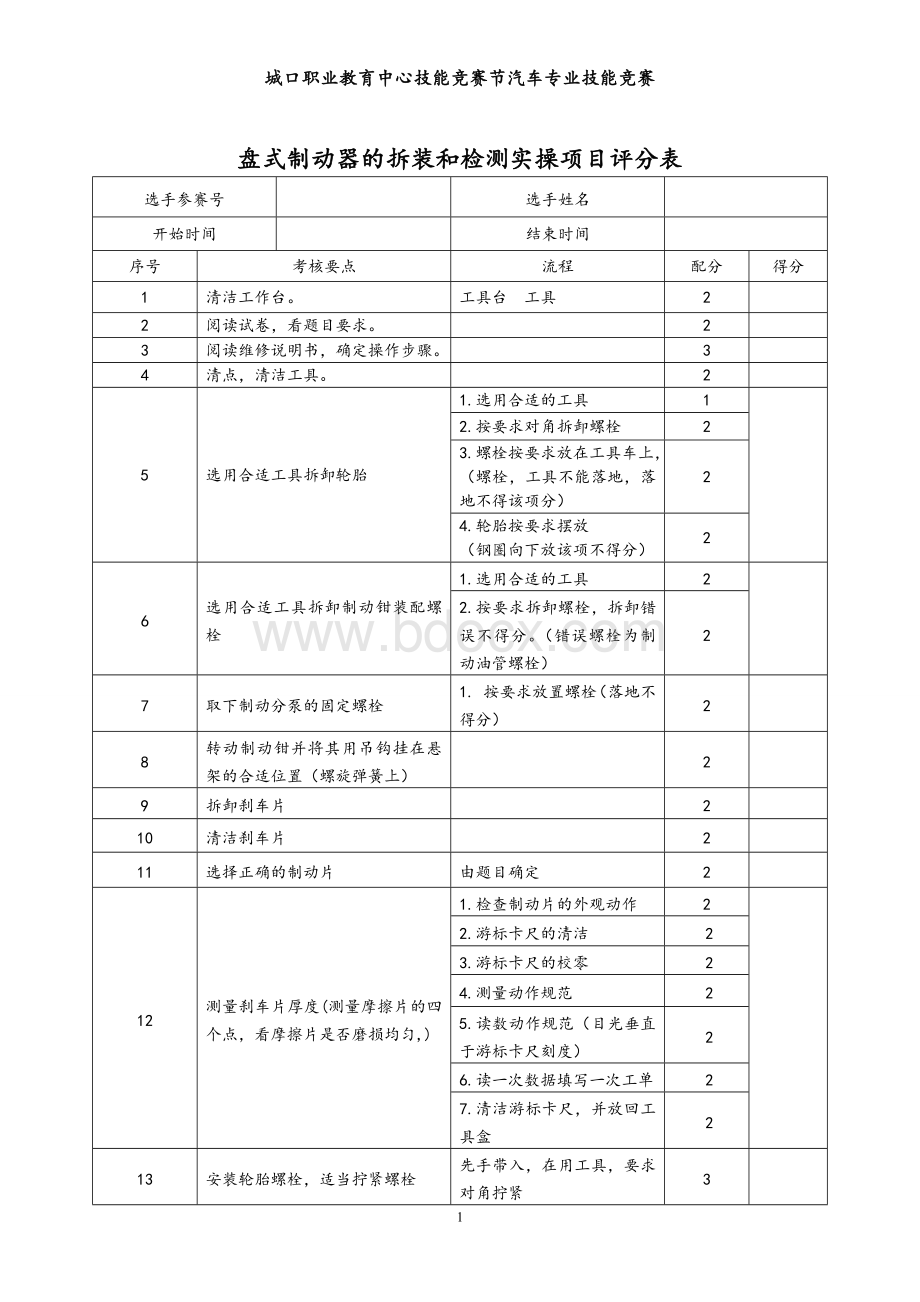 盘式制动器的拆装和检测项目评分表.doc