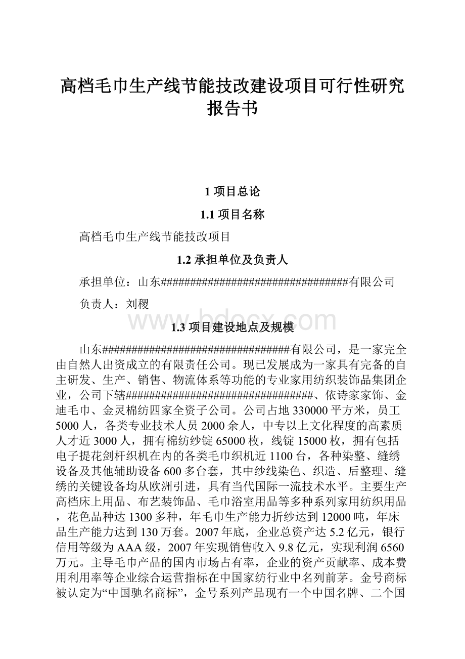 高档毛巾生产线节能技改建设项目可行性研究报告书.docx_第1页