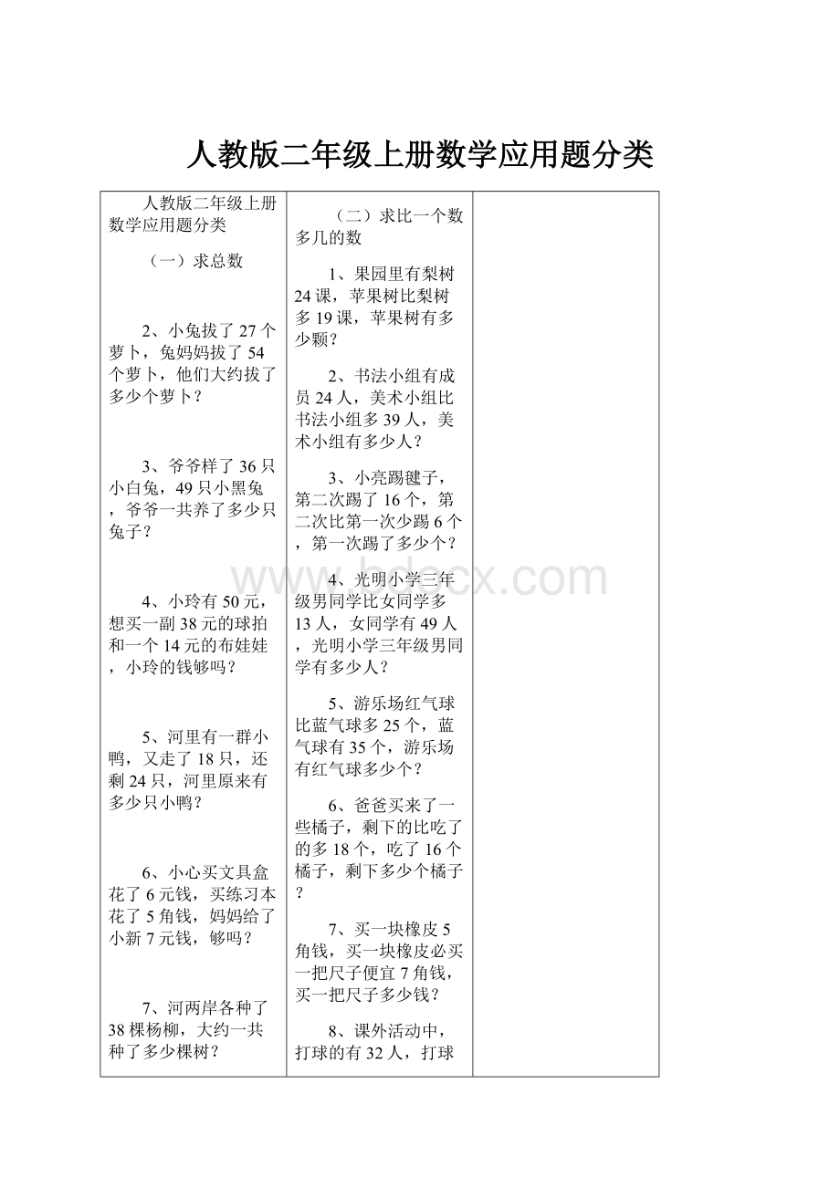 人教版二年级上册数学应用题分类.docx