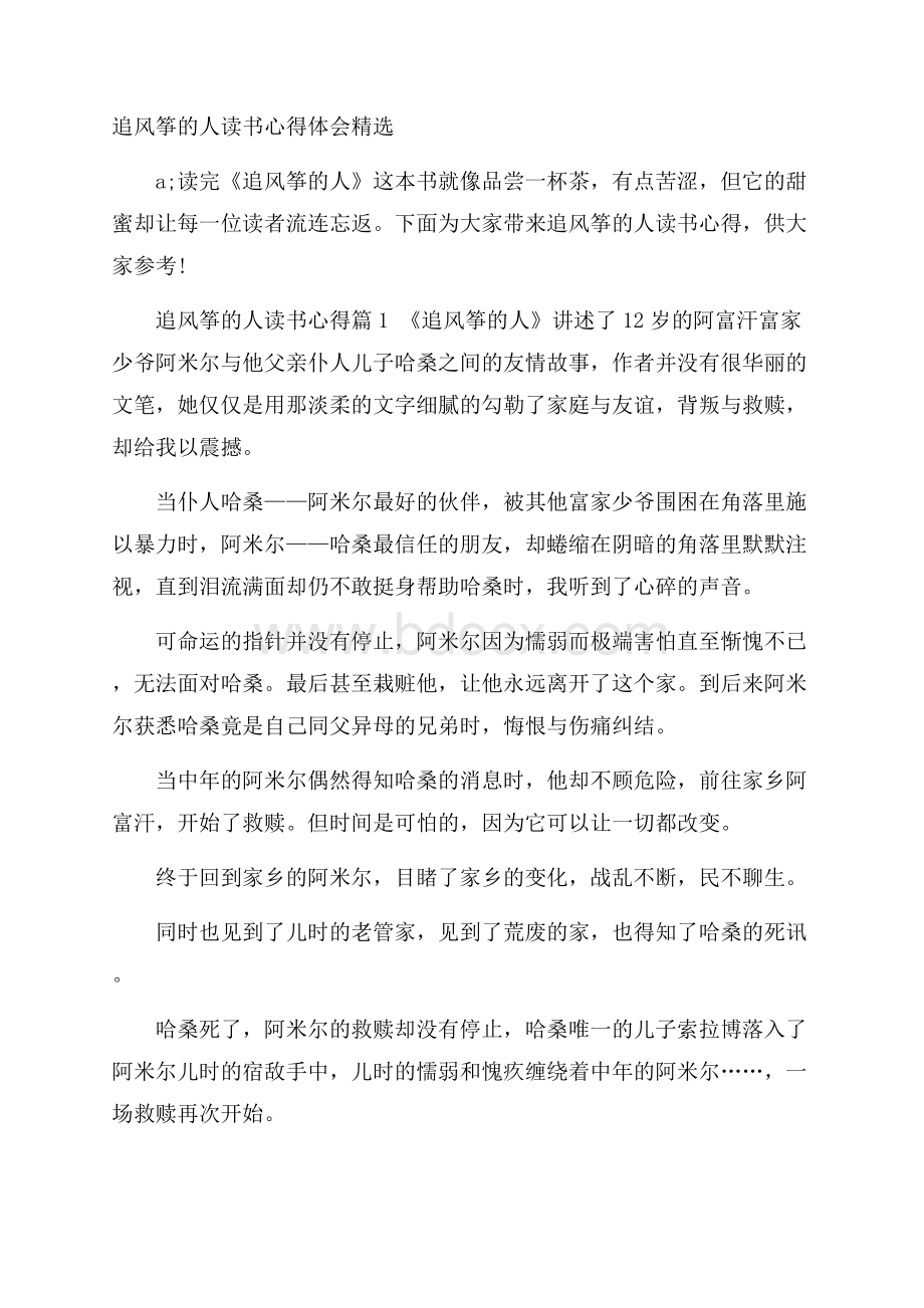 追风筝的人读书心得体会精选.docx_第1页