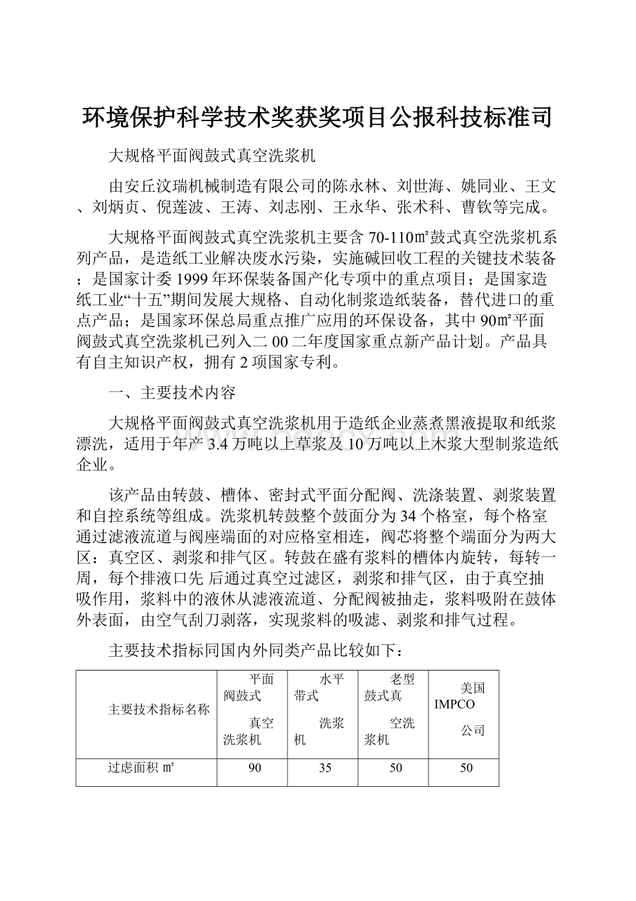 环境保护科学技术奖获奖项目公报科技标准司.docx