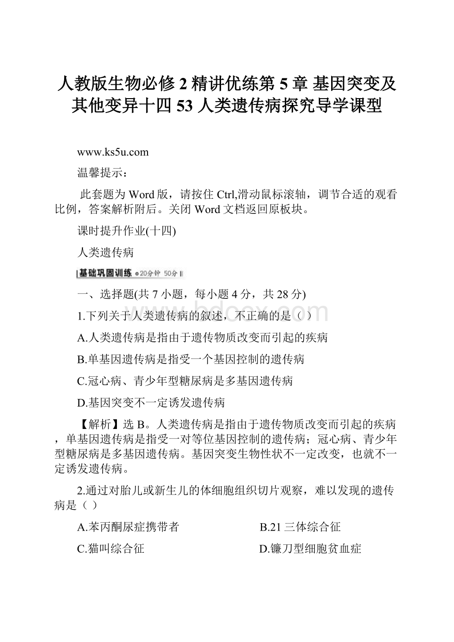 人教版生物必修2精讲优练第5章 基因突变及其他变异十四 53 人类遗传病探究导学课型.docx