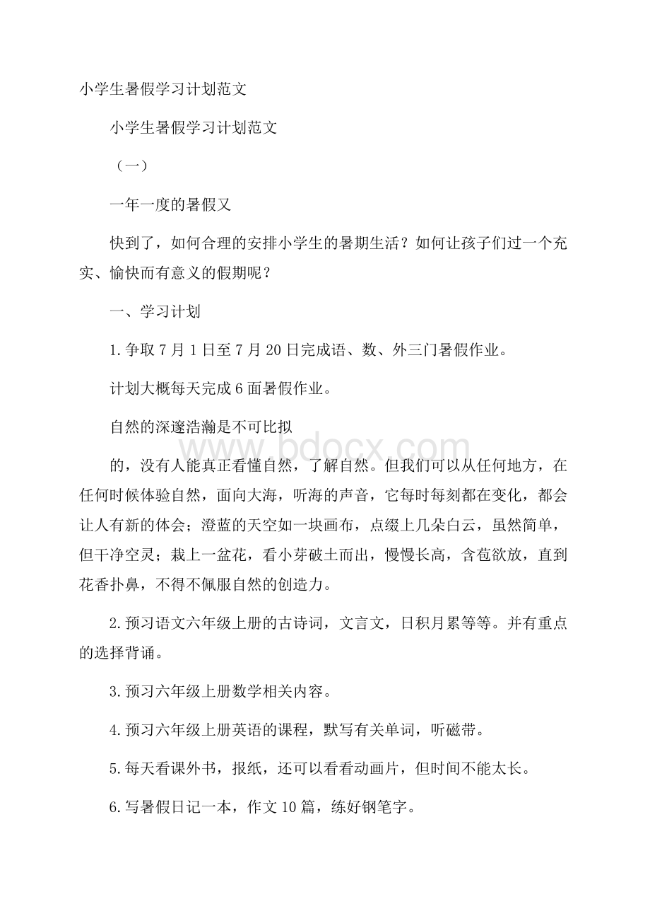 小学生暑假学习计划范文.docx