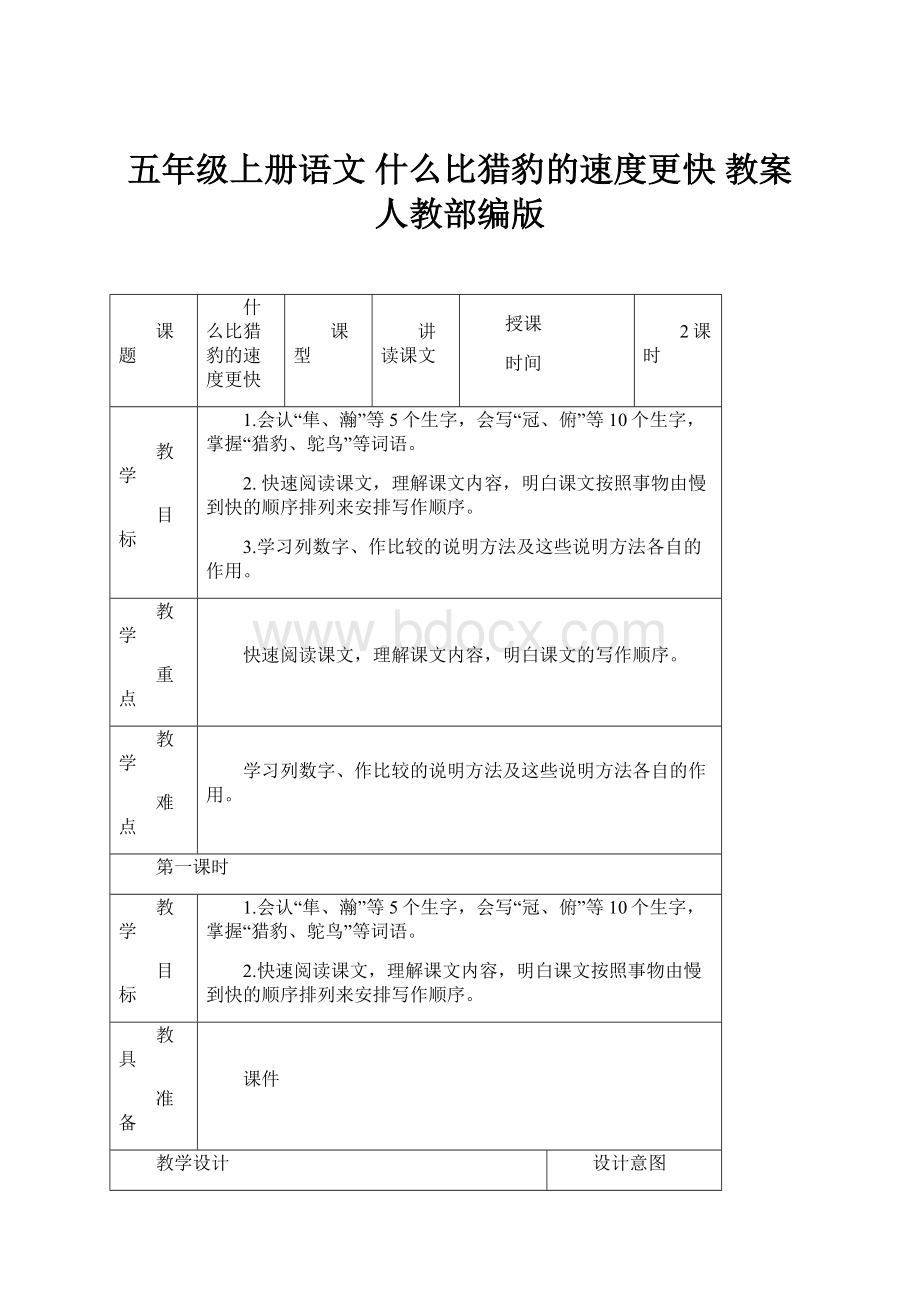 五年级上册语文 什么比猎豹的速度更快 教案 人教部编版.docx