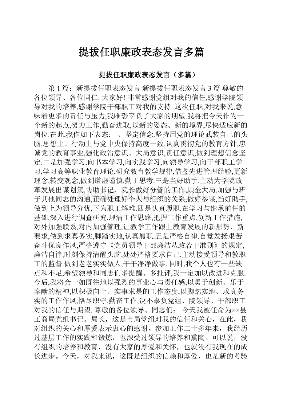 提拔任职廉政表态发言多篇.docx_第1页