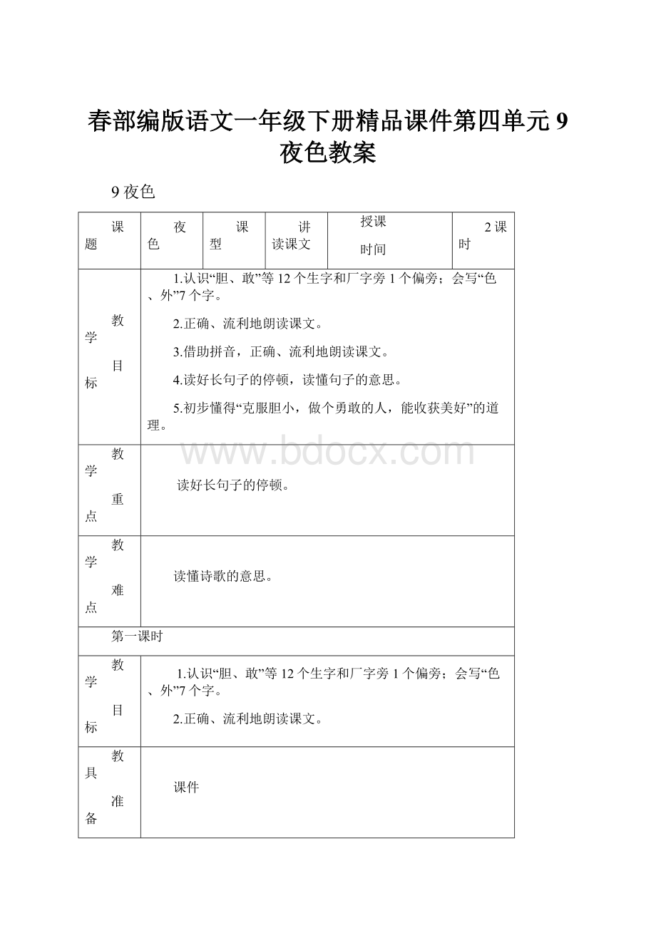 春部编版语文一年级下册精品课件第四单元9 夜色教案.docx_第1页