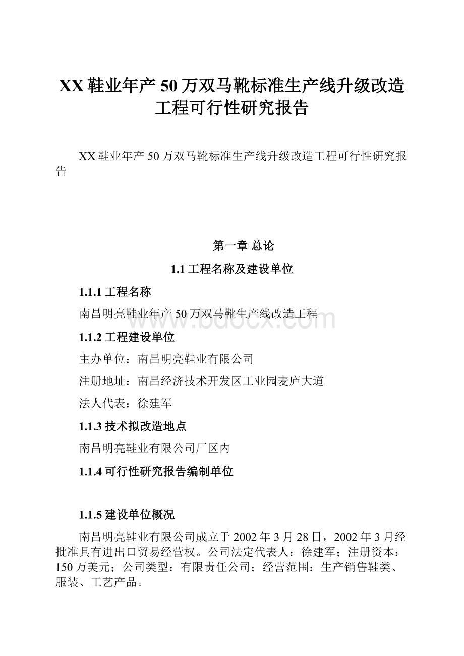 XX鞋业年产50万双马靴标准生产线升级改造工程可行性研究报告.docx_第1页