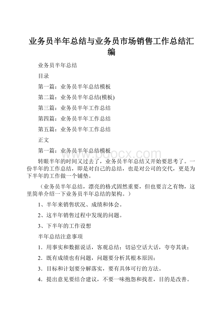 业务员半年总结与业务员市场销售工作总结汇编.docx_第1页