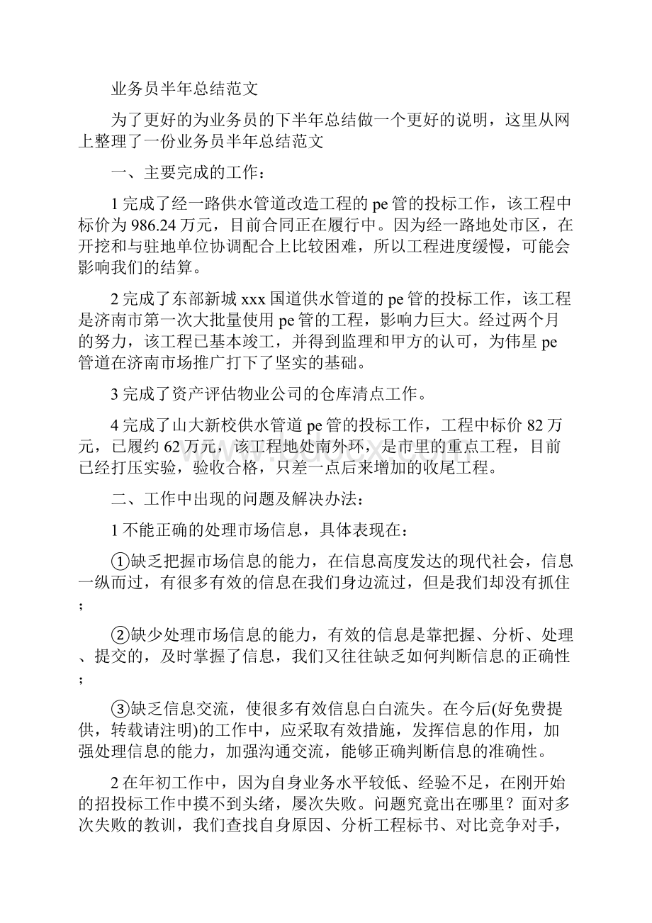 业务员半年总结与业务员市场销售工作总结汇编.docx_第2页