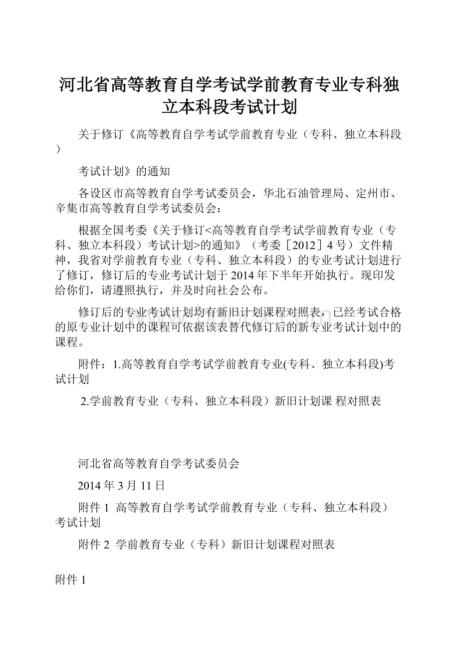 河北省高等教育自学考试学前教育专业专科独立本科段考试计划.docx